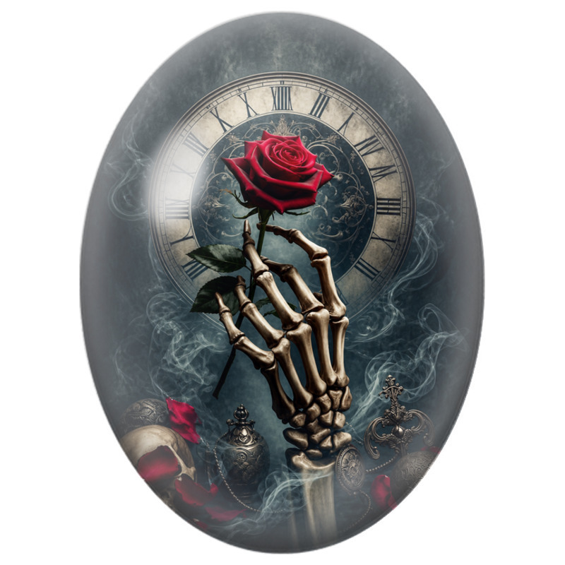 Cabochon en Verre Illustré Main Squelette à la Rose Rouge et Horloge 13x18, 18x25 ou 30x40mm