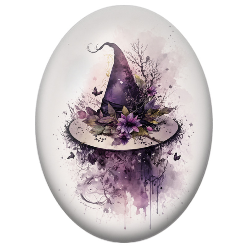 Cabochon en Verre Illustré Chapeau de Sorcière Violet Fleuri 13x18, 18x25 ou 30x40mm