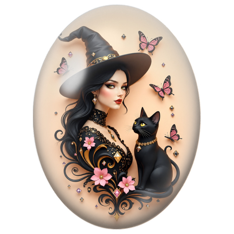 Cabochon en Verre Illustré Sorcière au Chat Noir et Fleurs Roses 13x18, 18x25 ou 30x40mm