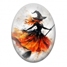 Cabochon en Verre Illustré Sorcière Rousse sur son Balai en Aquarelle pour la Création de Bijoux Fantaisie - DIY