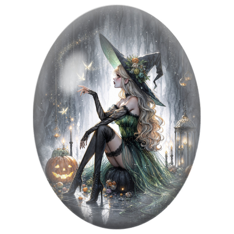 Cabochon en Verre Illustré Sorcière Verte aux Papillons Lumineux 13x18, 18x25 ou 30x40mm