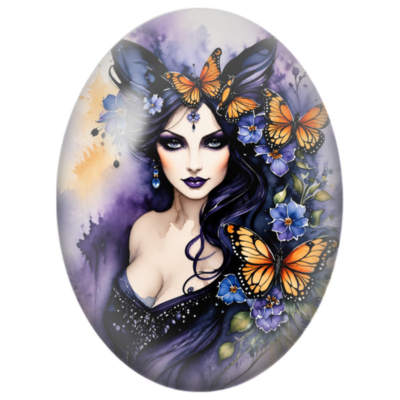 Cabochon en Verre Illustré Femme aux Papillons Orange et Fleurs Bleues 13x18, 18x25 ou 30x40mm