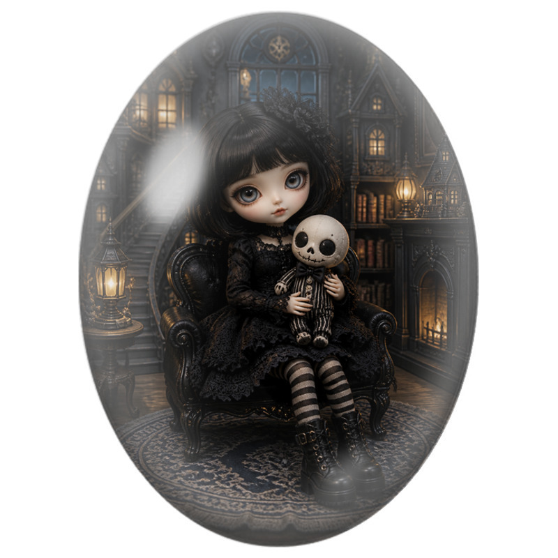Cabochon en Verre Illustré Poupée Gothique à la Poupée Squelette 13x18, 18x25 ou 30x40mm