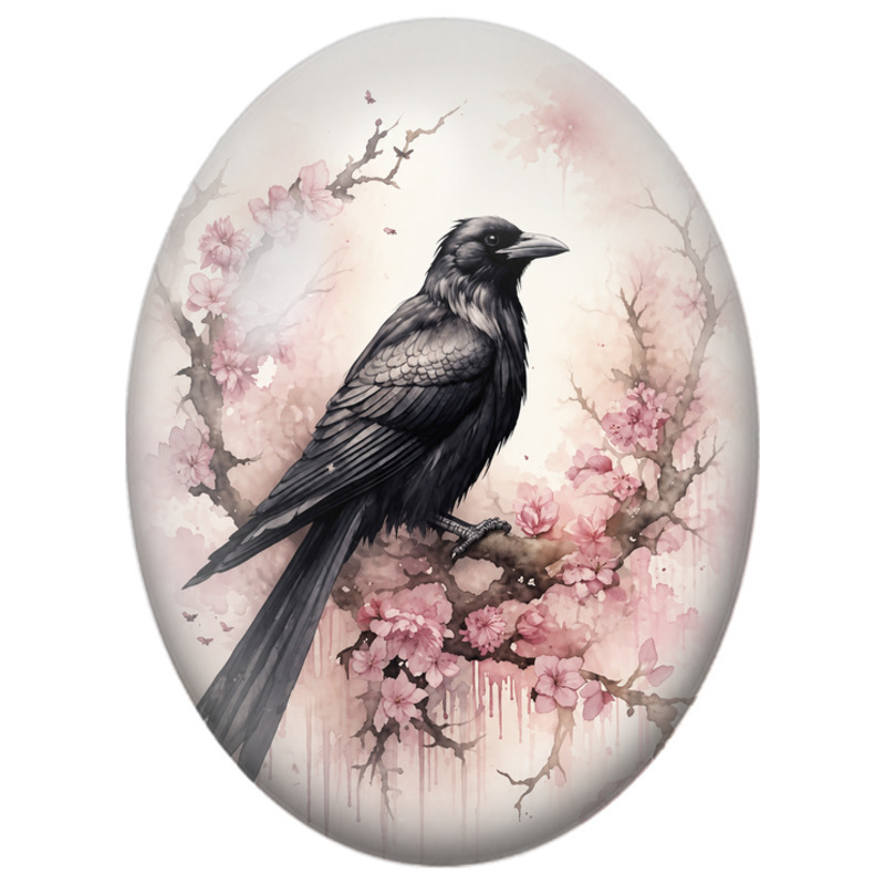 Cabochon en Verre Illustré Corbeau sur Branche de Fleurs Roses 13x18, 18x25 ou 30x40mm