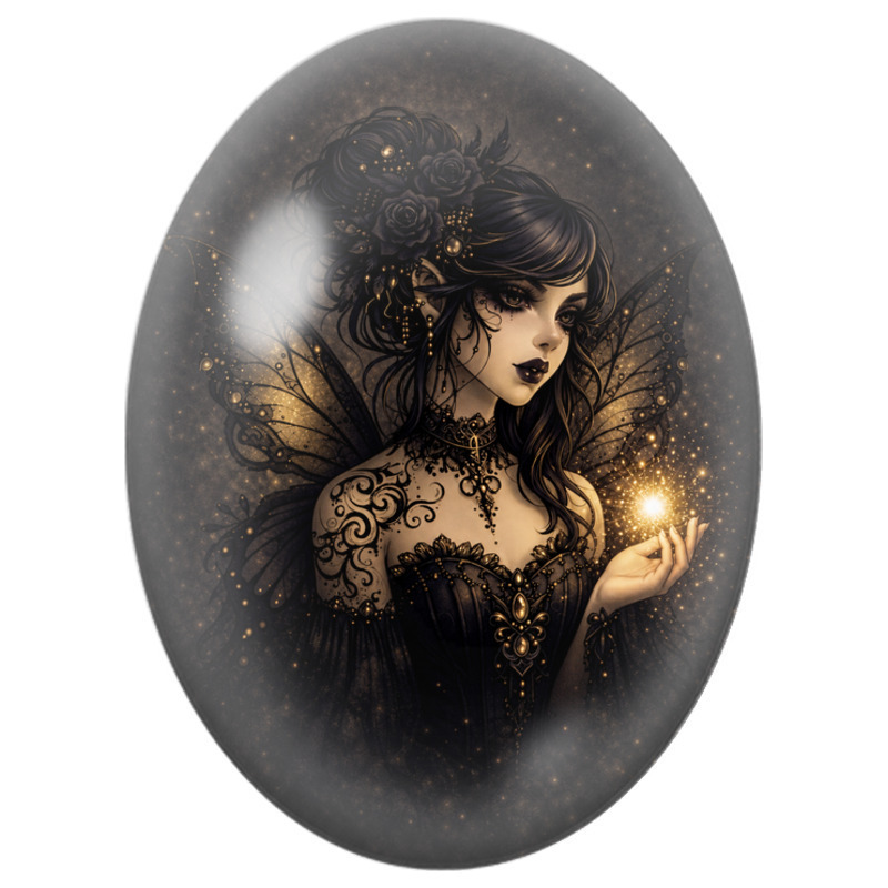 Cabochon en Verre Illustré Fée Gothique à l’Étincelle Dorée 13x18, 18x25 ou 30x40mm