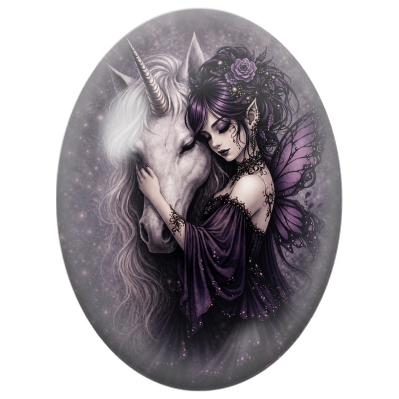 Cabochon en Verre Illustré Fée Violette à la Licorne Blanche 13x18, 18x25 ou 30x40mm