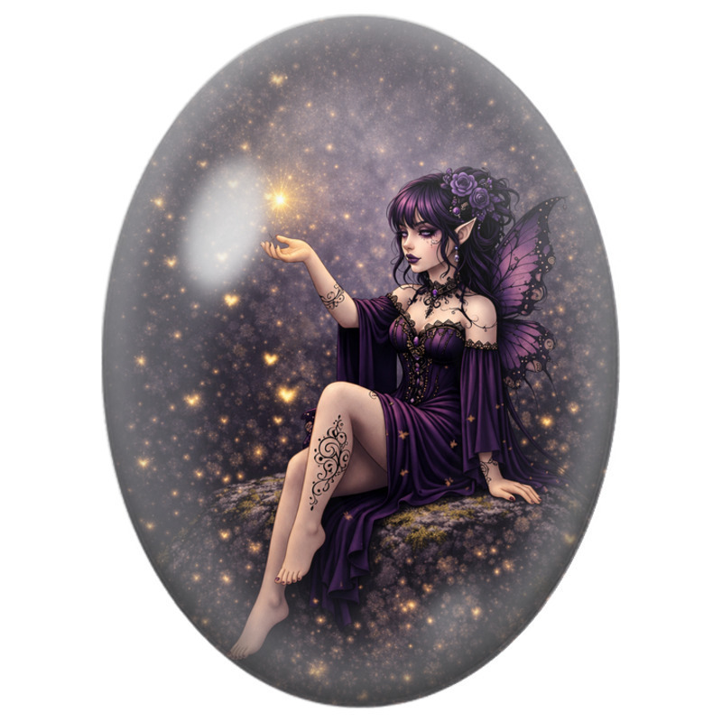 Cabochon en Verre Illustré Fée Violette à l’Étoile Dorée 13x18, 18x25 ou 30x40mm