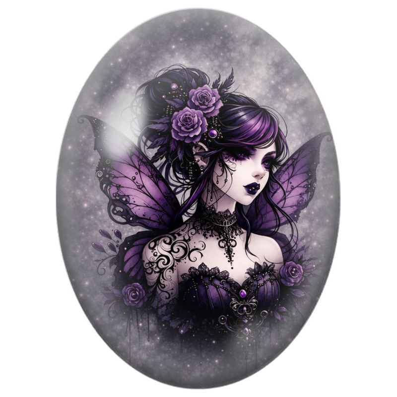 Cabochon en Verre Illustré Fée Violette au Corset Orné 13x18, 18x25 ou 30x40mm