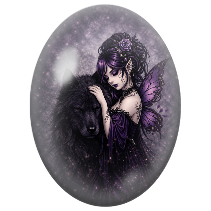Cabochon en Verre Illustré Fée Violette au Loup Noir 13x18, 18x25 ou 30x40mm