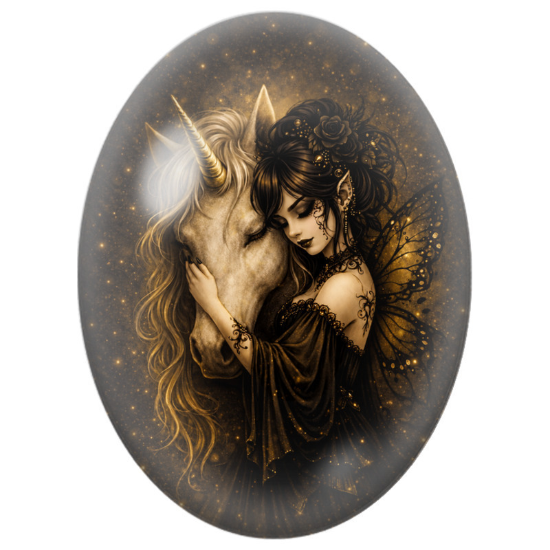 Cabochon en Verre Illustré Fée Noire à la Licorne Dorée 13x18, 18x25 ou 30x40mm