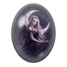 Cabochon en Verre Illustré Fée Argentée sur le Croissant de Lune pour la Création de Bijoux Fantaisie - DIY