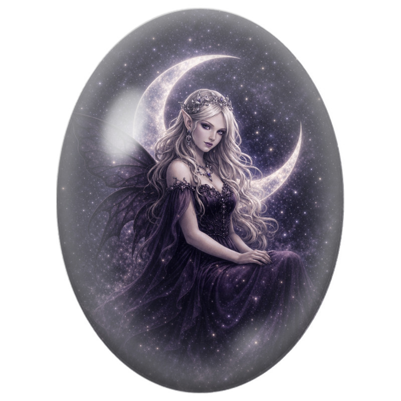 Cabochon en Verre Illustré Fée Argentée sur le Croissant de Lune 13x18, 18x25 ou 30x40mm