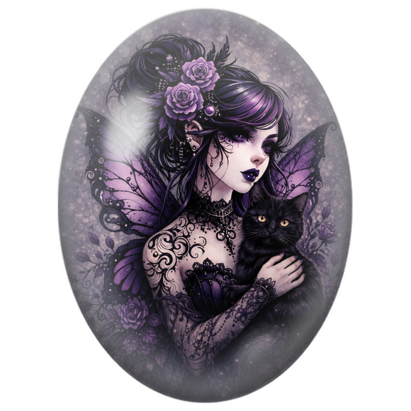 Cabochon en Verre Illustré Fée Violette au Chat Noir 13x18, 18x25 ou 30x40mm