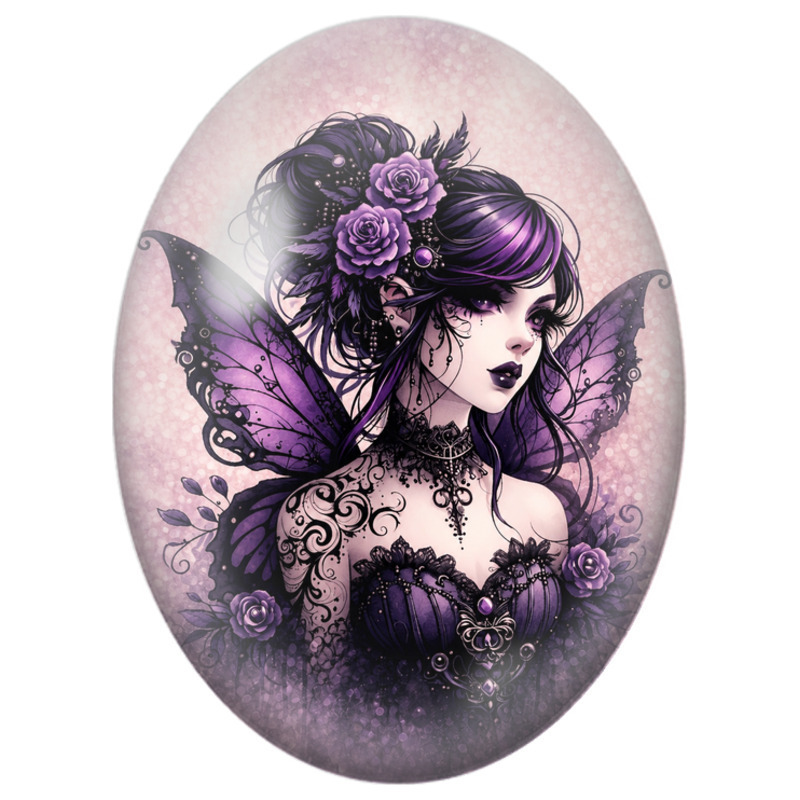 Cabochon en Verre Illustré Fée Violette sur Fond Rose 13x18, 18x25 ou 30x40mm