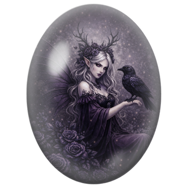 Cabochon en Verre Illustré Fée aux Bois et Corbeau Noir 13x18, 18x25 ou 30x40mm