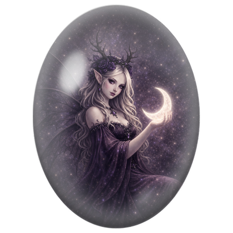 Cabochon en Verre Illustré Fée aux Bois tenant le Croissant de Lune 13x18, 18x25 ou 30x40mm