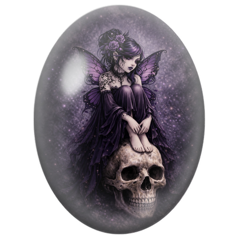 Cabochon en Verre Illustré Fée Violette assise sur un Crâne 13x18, 18x25 ou 30x40mm