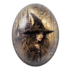 Cabochon en Verre Illustré Sorcière devant le Château aux Lanternes 13x18, 18x25 ou 30x40mm pour la Création de Bijoux Fantaisie