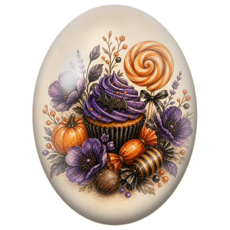 Cabochon en Verre Illustré Cupcake Chauve-Souris et Bonbons 13x18, 18x25 ou 30x40mm