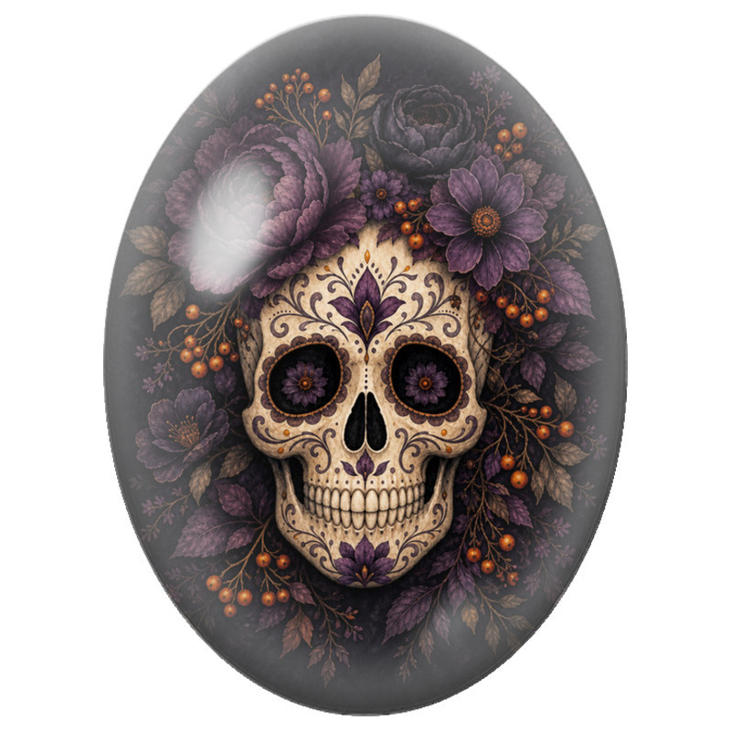 Cabochon en Verre Illustré Crâne Mexicain aux Fleurs Violettes 13x18, 18x25 ou 30x40mm