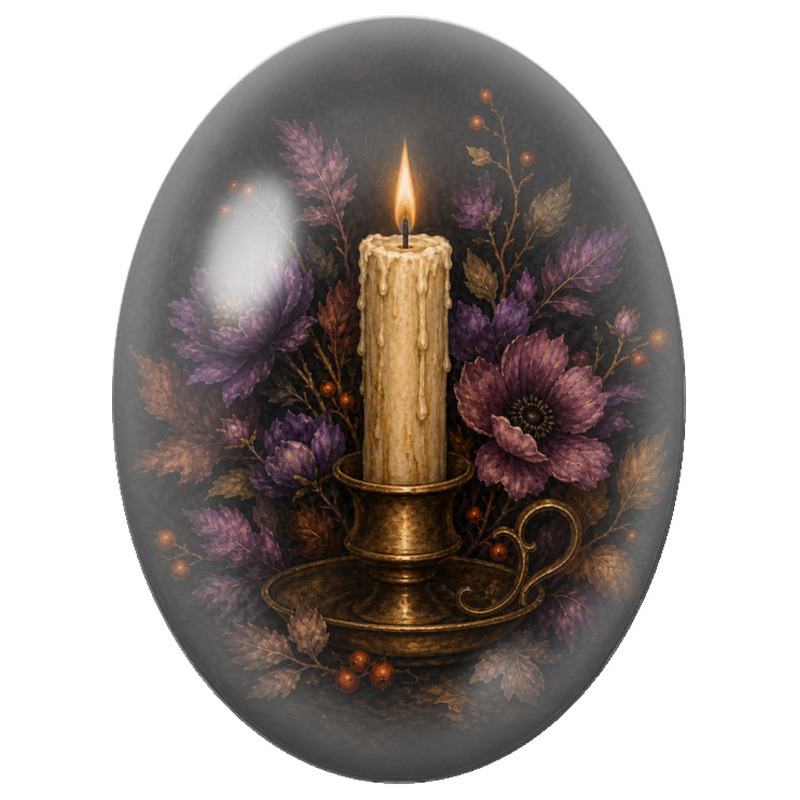 Cabochon en Verre Illustré Bougie aux Fleurs Violettes 13x18, 18x25 ou 30x40mm