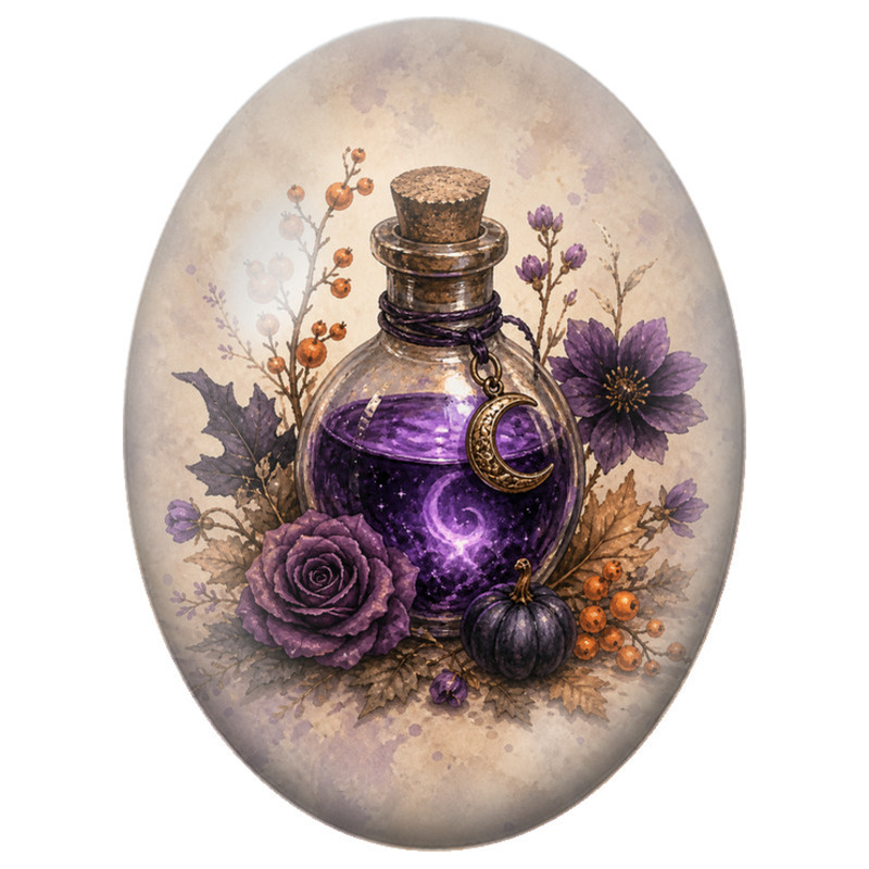 Cabochon en Verre Illustré Potion Violette au Croissant de Lune 13x18, 18x25 ou 30x40mm