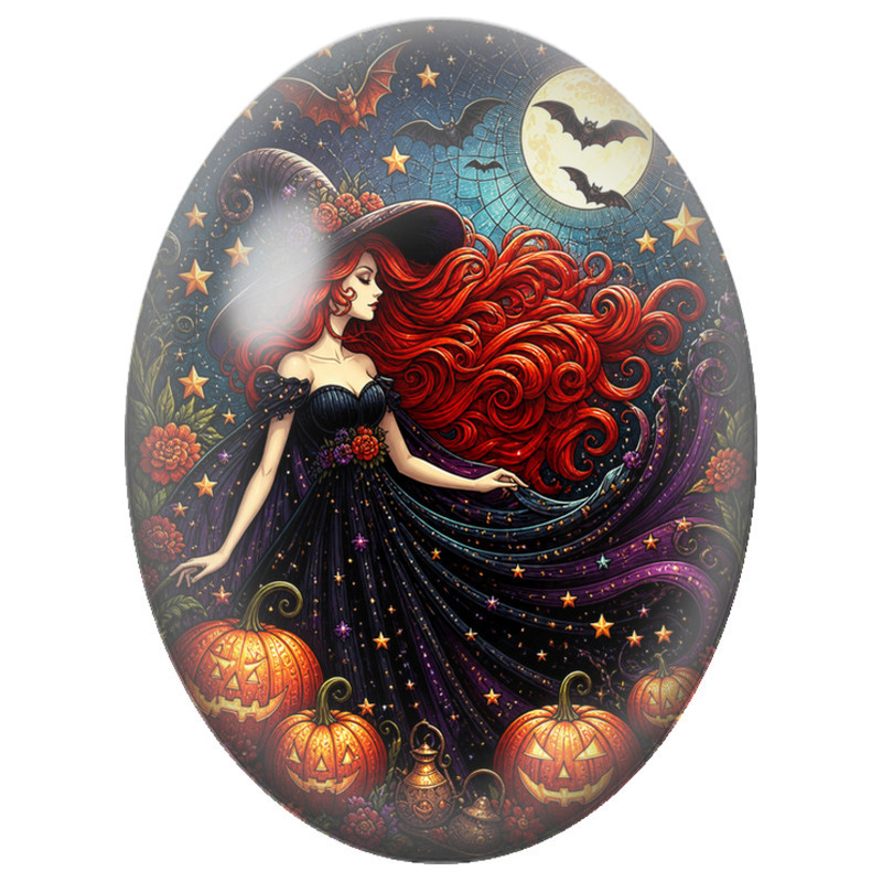 Cabochon en Verre Illustré Sorcière Rousse aux Citrouilles Étoilées 13x18, 18x25 ou 30x40mm