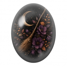 Cabochon en Verre Illustré Balai de Sorcière aux Fleurs Violettes 13x18, 18x25 ou 30x40mm pour la Création de Bijoux Fantaisie -