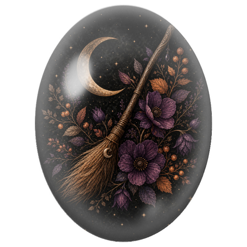 Cabochon en Verre Illustré Balai de Sorcière aux Fleurs Violettes 13x18, 18x25 ou 30x40mm