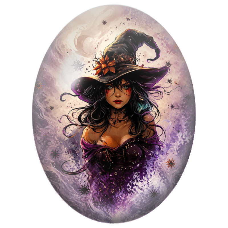 Cabochon en Verre Illustré Sorcière Brune au Chapeau d’Automne 13x18, 18x25 ou 30x40mm