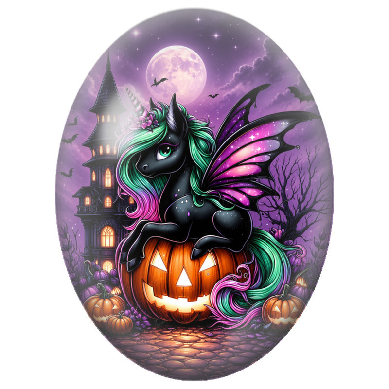 Cabochon en Verre Illustré Licorne Noire aux Ailes de Chauve-Souris 13x18, 18x25 ou 30x40mm