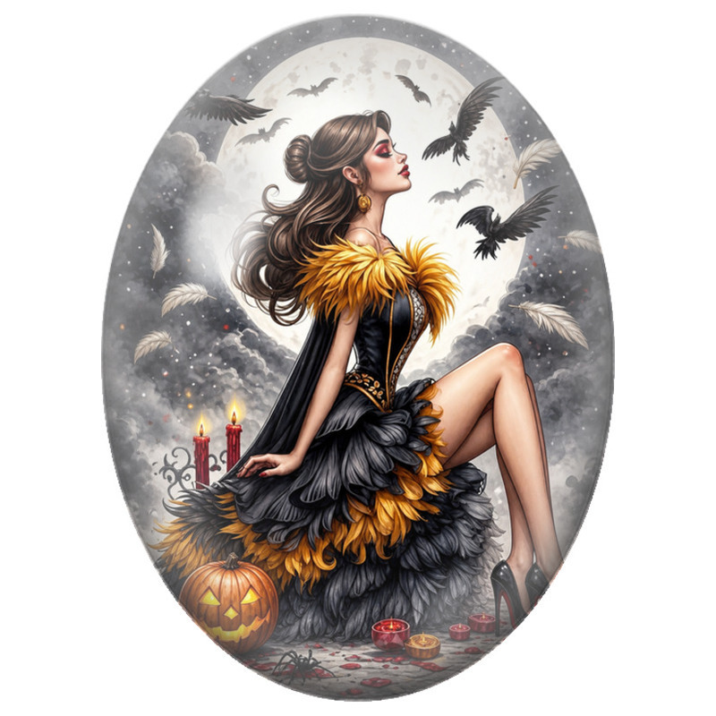 Cabochon en Verre Illustré Femme Corbeau sous la Pleine Lune 13x18, 18x25 ou 30x40mm