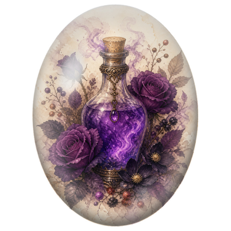 Cabochon en Verre Illustré Potion Violette aux Roses 13x18, 18x25 ou 30x40mm