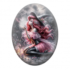 Cabochon en Verre Illustré Sorcière Rose au Papillon Lumineux 13x18, 18x25 ou 30x40mm pour la Création de Bijoux Fantaisie - DIY