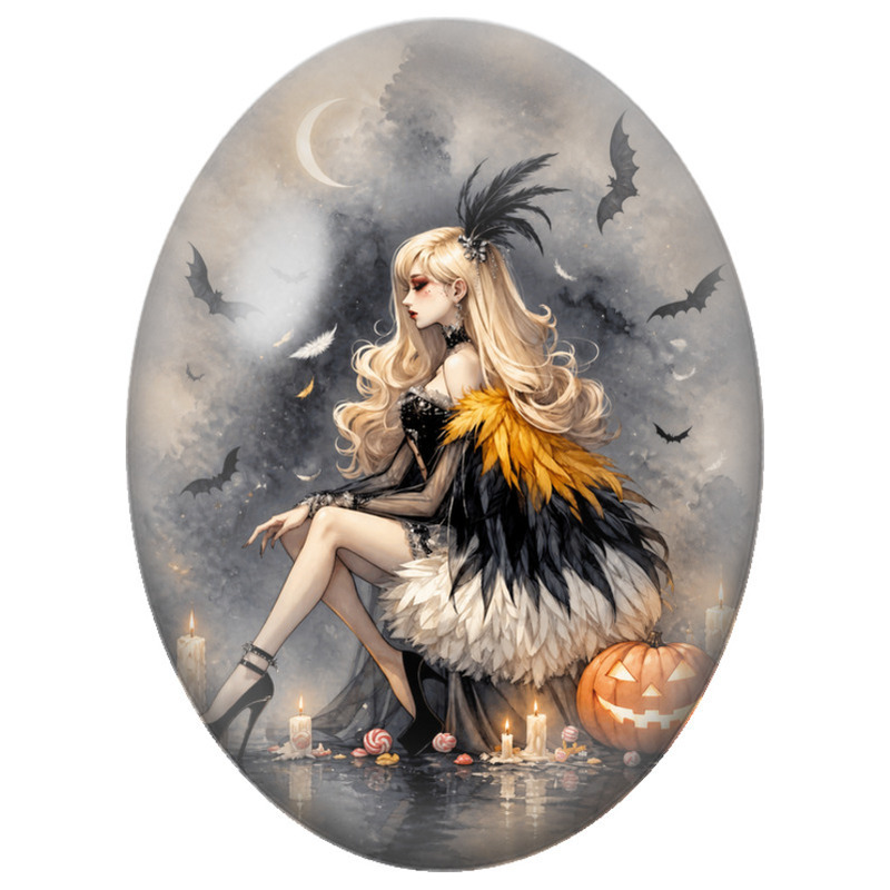 Cabochon en Verre Illustré Femme aux Plumes Noires et Dorées 13x18, 18x25 ou 30x40mm
