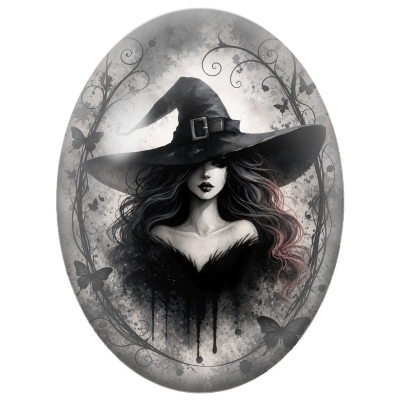 Cabochon en Verre Illustré Sorcière Mystérieuse aux Papillons Noirs 13x18, 18x25 ou 30x40mm