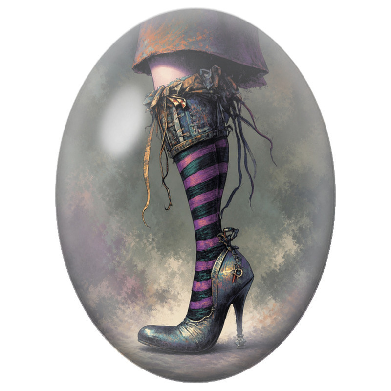 Cabochon en Verre Illustré Botte de Sorcière Rayée Violette 13x18, 18x25 ou 30x40mm