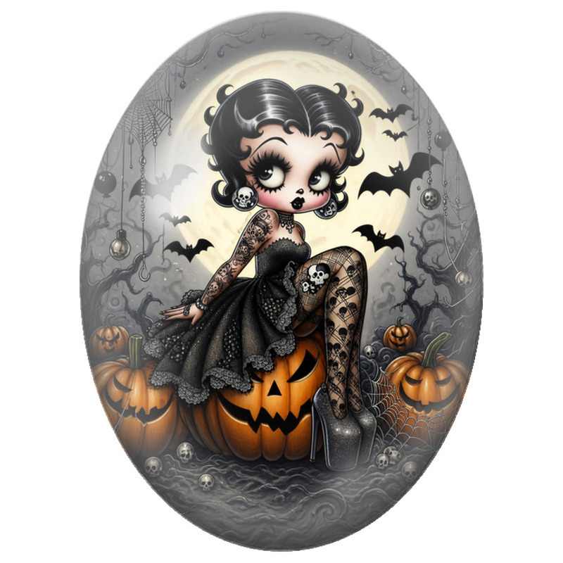 Cabochon en Verre Illustré Pin-up Gothique sur Citrouille 13x18, 18x25 ou 30x40mm
