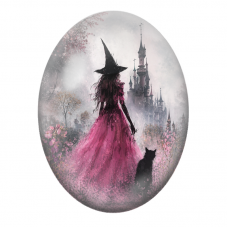Cabochon en Verre Illustré Sorcière en Robe Rose devant le Château 13x18, 18x25 ou 30x40mm pour la Création de Bijoux Fantaisie 