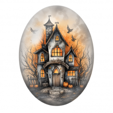 Cabochon en Verre Illustré Maison Hantée aux Citrouilles 13x18, 18x25 ou 30x40mm pour la Création de Bijoux Fantaisie - DIY