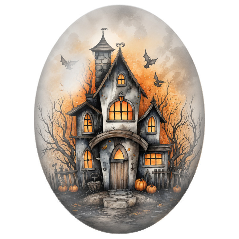 Cabochon en Verre Illustré Maison Hantée aux Citrouilles 13x18, 18x25 ou 30x40mm