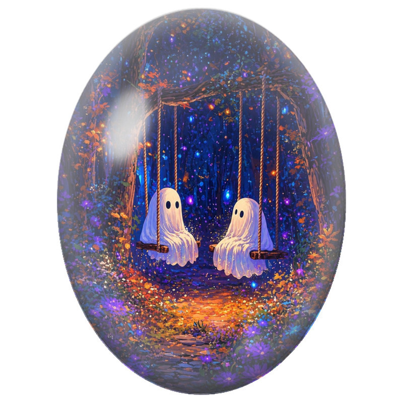 Cabochon en Verre Illustré Deux Fantômes sur les Balançoires 13x18, 18x25 ou 30x40mm