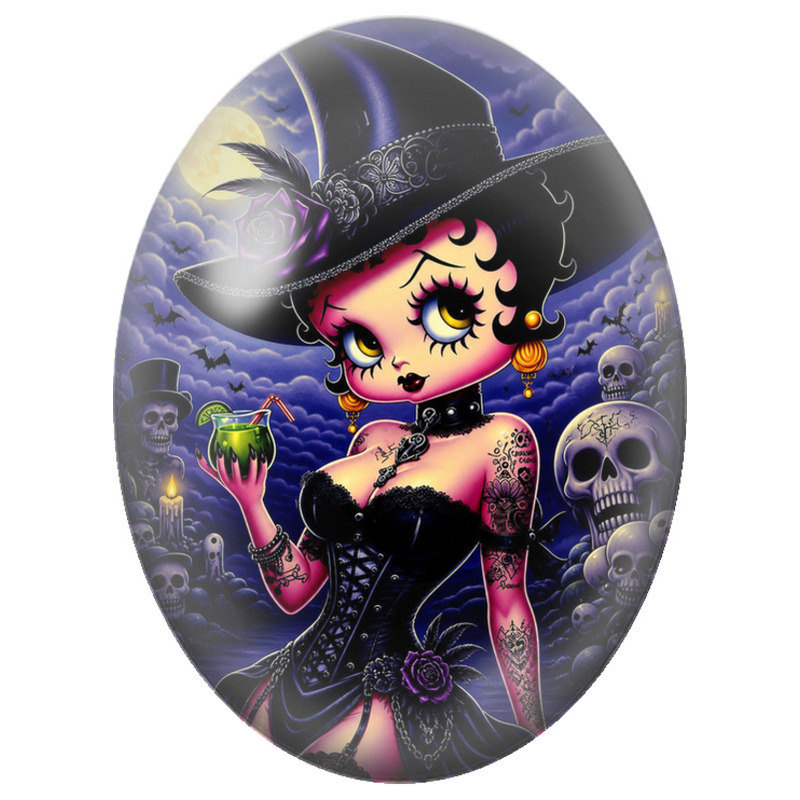 Cabochon en Verre Illustré Pin-up Sorcière au Cocktail Vert 13x18, 18x25 ou 30x40mm