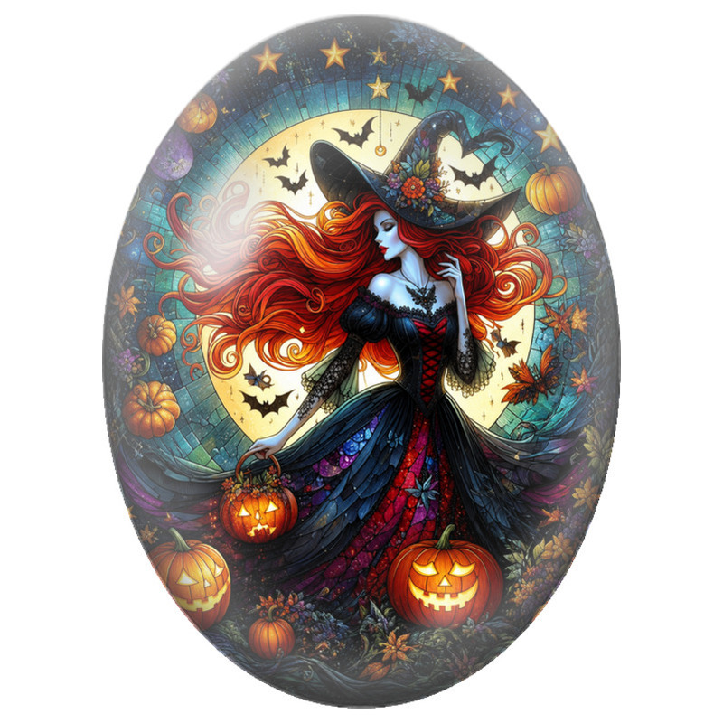 Cabochon en Verre Illustré Sorcière Rousse aux Citrouilles Colorées 13x18, 18x25 ou 30x40mm