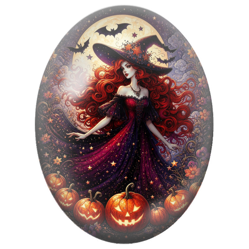 Cabochon en Verre Illustré Sorcière Rousse sous la Lune et Citrouilles 13x18, 18x25 ou 30x40mm