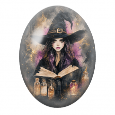 Cabochon en Verre Illustré Sorcière au Grimoire et Fioles 13x18, 18x25 ou 30x40mm pour la Création de Bijoux Fantaisie - DIY