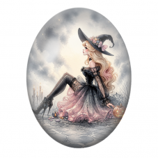 Cabochon en Verre Illustré Sorcière Blonde en Robe Rose et Noire 13x18, 18x25 ou 30x40mm pour la Création de Bijoux Fantaisie - 