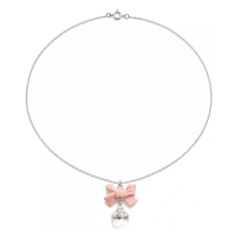 Pendentif Boule à Facette et Noeud Rose avec Chaîne Argentée 40cm