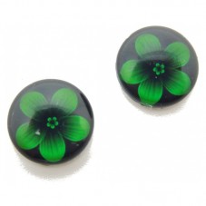 Lot de 2 Cabochons en Verre Fleur Verte sur Noir 12mm pour la Création de Bijoux Fantaisie - DIY