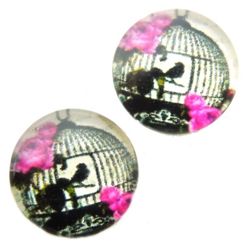 Lot de 2 Cabochons en Verre Cage à Oiseau et Fleurs Roses 12mm